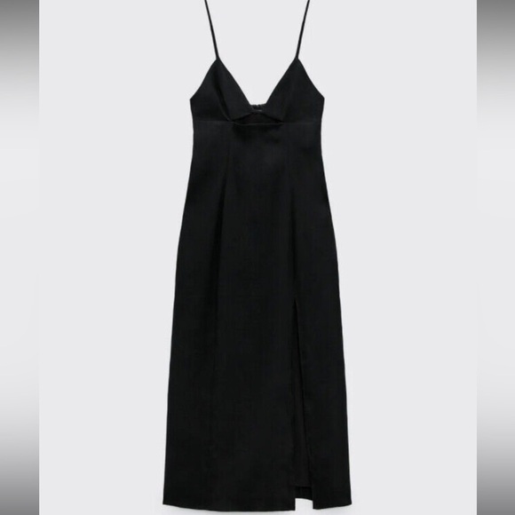 ZARA BLACK LINEN BLEND DRESS WITH CUT OUT V NECK THIN STRAP - Picture 3 of 7